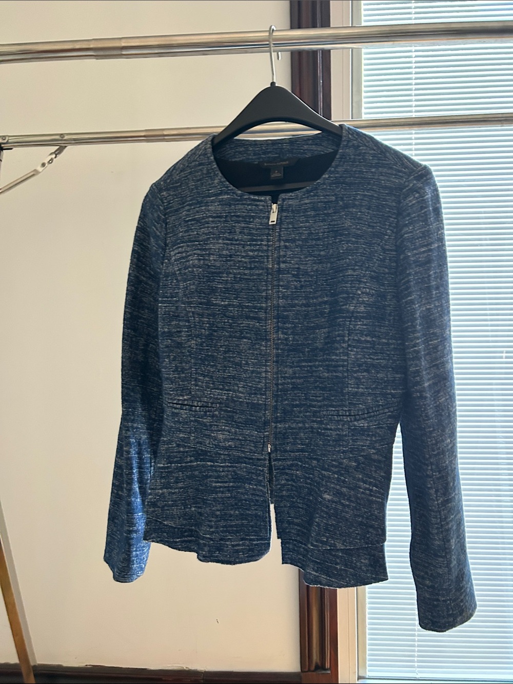 Banana Republic Heathered Navy Zip-Front Knit Blazer